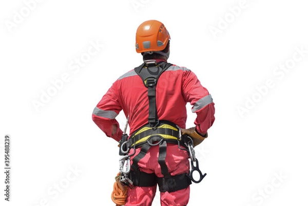 Obraz Safety man wearing equipment protective safety harness full body for Abseiling rope access isolated on white background.