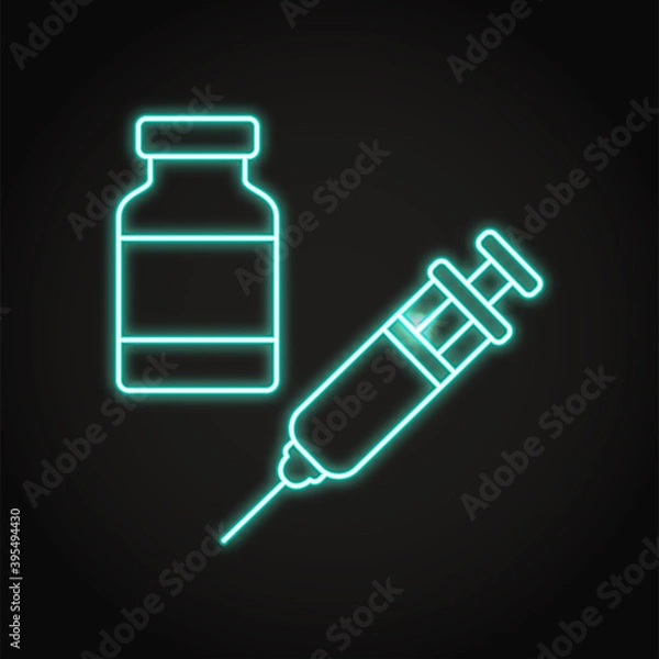 Fototapeta Neon vaccine bottle and syringe icon in line style