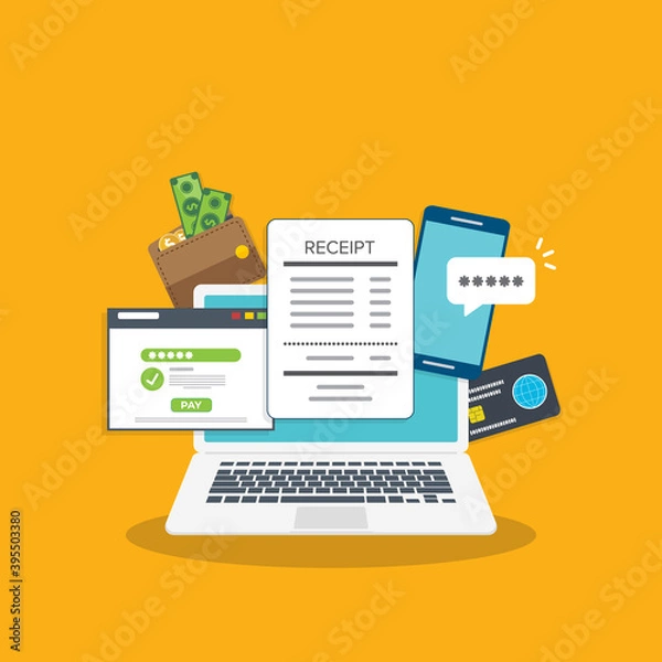 Fototapeta Laptop with a notification on financial transaction. Online payment concept.