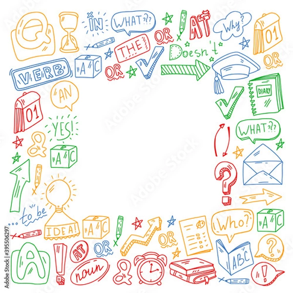 Fototapeta Doodle vector pattern. Illustration of learning English language. E-learning, online education in internet.