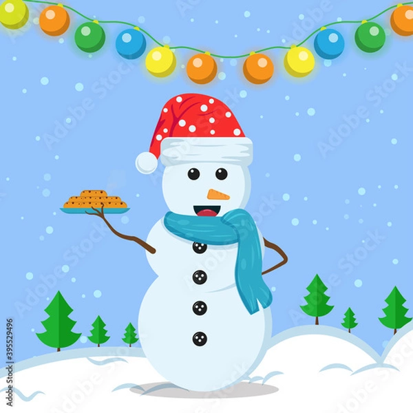 Obraz Illustration vector graphic of the happy snowman using santa claus hat and blue scarf bring a plate of biscuits. Blue background. Good for Christmas icons, Christmas stickers, Christmas book covers.