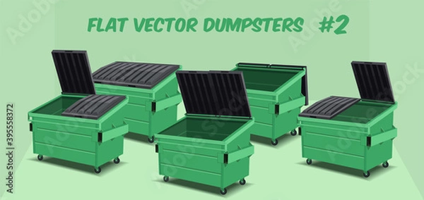 Fototapeta flat cartoon design of green dumpster containers isolated on a transparent background, vector illustration