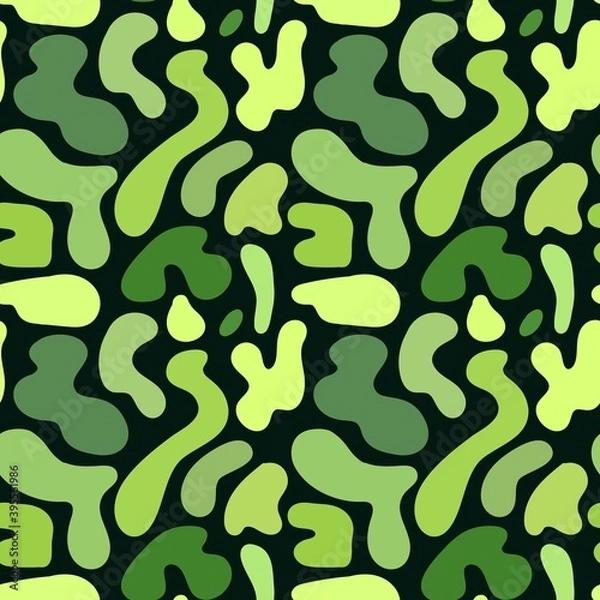 Fototapeta Seamless protective pattern of abstract spots. Doodle style. Camouflage print. Green spots of different shades on a dark background.