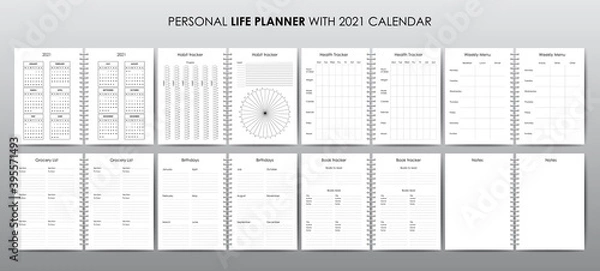 Fototapeta Vector template for personal life planner with 2021 calendar