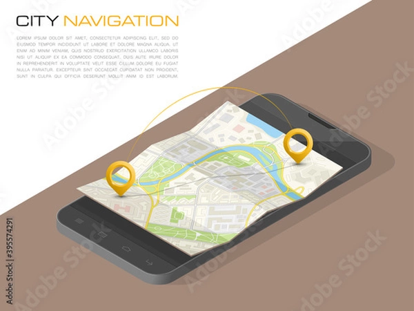 Obraz Isometric City map smartphone navigation, Isometry phone point marker, 3d flat schema isometric city plan GPS navigation tablet, itinerary destination arrow paper city map. Route isometric check point