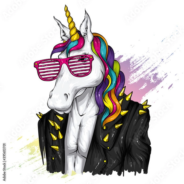 Obraz A beautiful unicorn in a stylish jacket with spikes. Vector illustration for a postcard or poster, print on clothes.