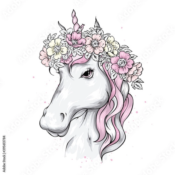Obraz Beautiful unicorn in a flower wreath. Vector illustration for a postcard or poster, print on clothes.
