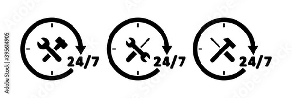 Fototapeta Car service around the clock, 24 hours. 24/7 car service set of signs. Car service logotype. Vector illustration.
