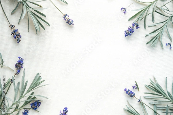 Fototapeta lilac flowers and lavender greens arranged on a white background . Flat lay. Top view. copy space 