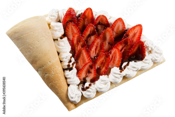 Obraz TOP VIEW OF CREPE OR FINE PANCAKE WITH PIECES OF STRAWBERRY WITH STRAWBERRY ICE CREAM, CHOCOLATE BREAD AND CHANTILLY ON A LIGHT PINK BACKGROUND.