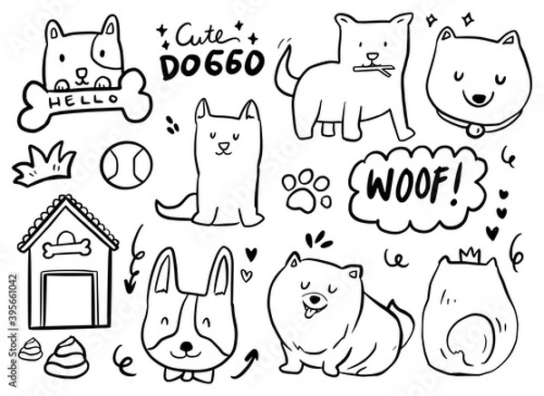 Obraz Set with cute dogs, bone and paw. child cartoon doodle drawing with dog poses illustration