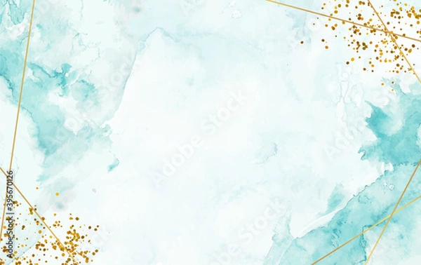 Fototapeta Hand painted watercolor splash background with gold line and sparkle