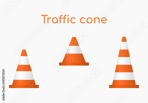Fototapeta Vector illustration, types of traffic cones, different sizes and purposes. Orange cones for enclosing works, repairs, fencing of territory, object.