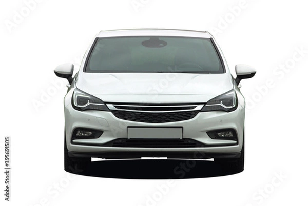 Fototapeta White passenger car on a white background, front view
