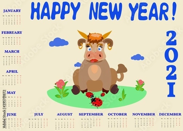 Fototapeta Illustration of a calendar with a picture of a bull and ladybirds.