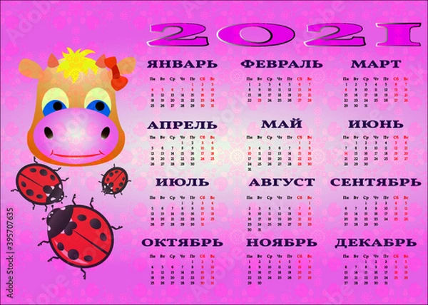 Fototapeta 
Illustration of a calendar with a picture of a bull and ladybirds.
