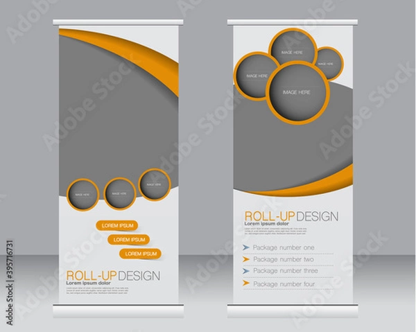 Fototapeta Roll up banner stand template. Abstract background for design,  business, education, advertisement.  Orange color. Vector  illustration.