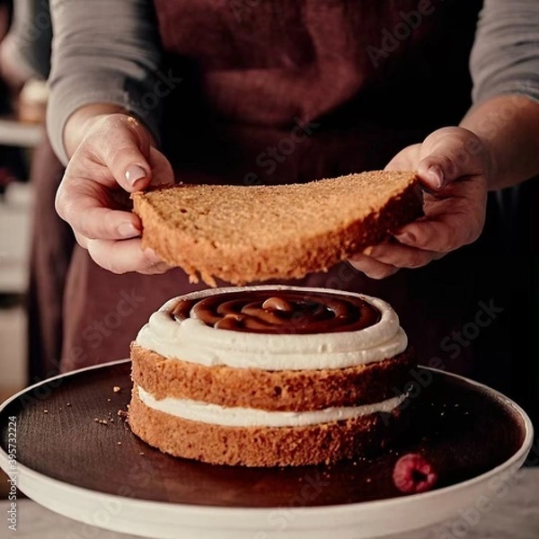 Fototapeta in a bakery a girl collects a cake from cakes smeared with cream