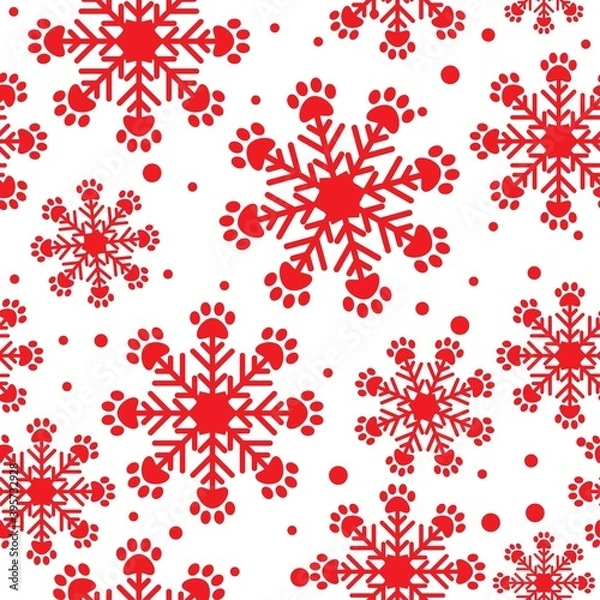 Obraz Christmas snowflakes with paw prints seamless vector pattern