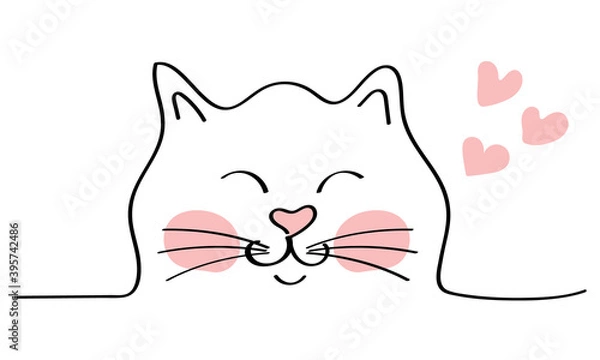 Fototapeta Cute cat character isolated on white background. Outline cat with hearts in doodle style. Meow. Vector hand drawn illustration. Love. Pet