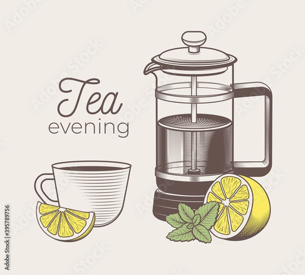Fototapeta Hand drawn tea cup with lemon and mint and tea French press illustration in engraving style for menu or cafe. Vector vintage tea set.