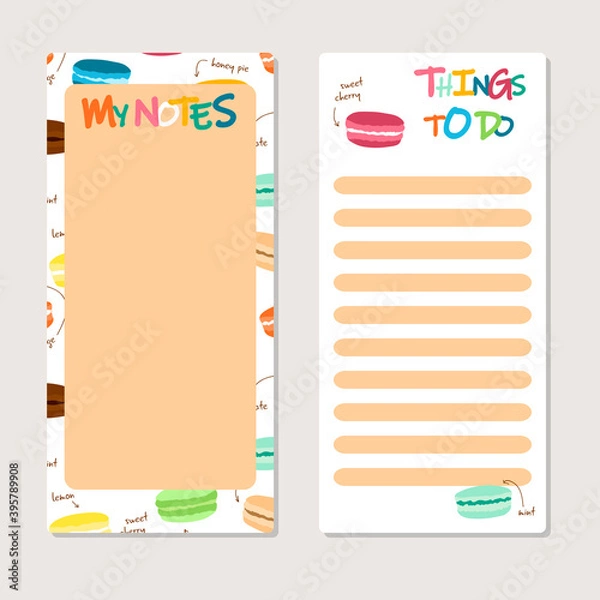 Fototapeta To Do List in doodle style set. Vector illustration. Planner with food theme elements. Schedule. Notes template. Macaroons. Sweet and cute.