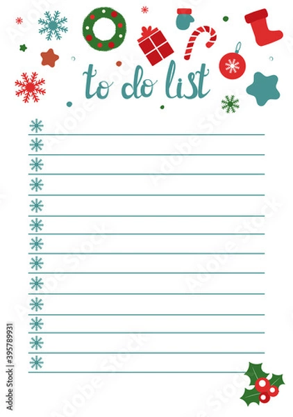 Fototapeta To Do List in doodle style. Vector illustration. Planner in winter Christmas theme. New Year schedule. Notes template