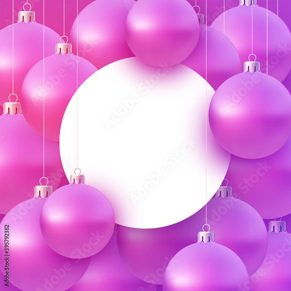 Fototapeta Background with pink christmas tree balls hanging on strings.