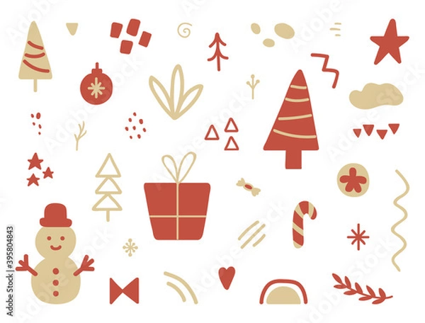 Fototapeta Unique hand drawn Holiday collection. Christmas design elements set. Winter party sticker decoration. Social media cover design. Daily planner. Greeting card. Vector illustration