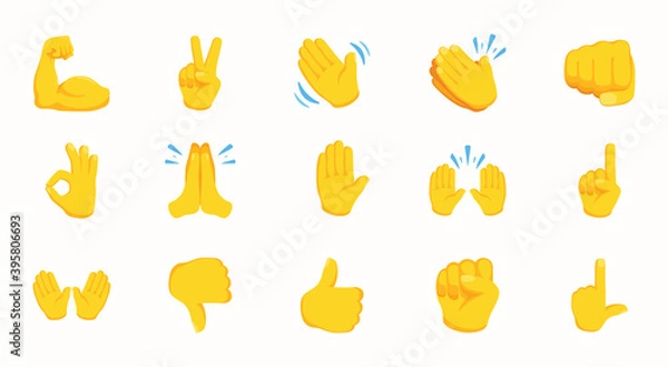 Fototapeta Hand Emojis Gestures Vector Icons Set. Gesture emoticon icon set. Biceps, fist, victory hand, folded hands in one vector collection