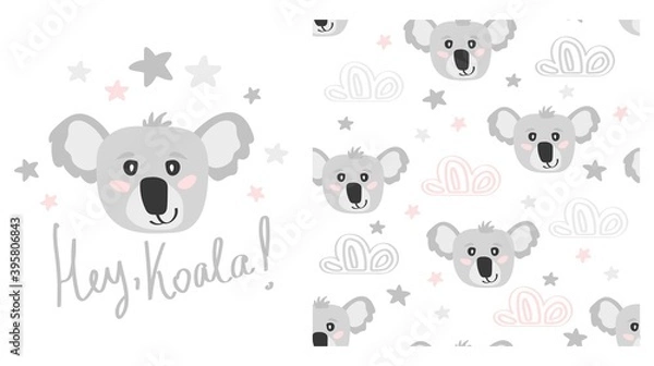 Fototapeta Seamless pattern with cute cartoon character koala and clouds, stars. Print for baby shower party. Vector print with baby koala.