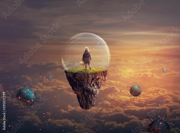 Fototapeta Little girl on a floating island covered with glass bubble; Disease-virus protection concept; Elements of this image furnished by NASA