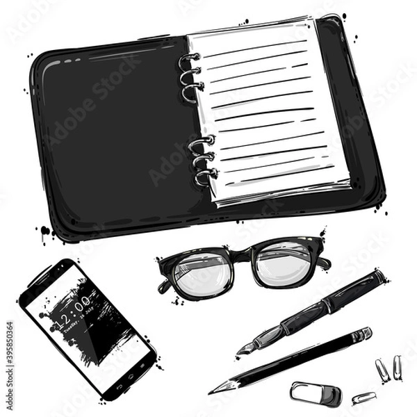 Obraz Vector abstract illustration with a notebook, glasses for sight, pen, pencil, stick, mobile phone and round pocket watch