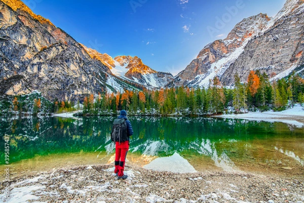 Obraz The beautiful Braies lake in late autumn with a little snow, Pearl of the Dolomite lakes is an UNESCO heritage and is located in the Braies Alto Adige,Italy