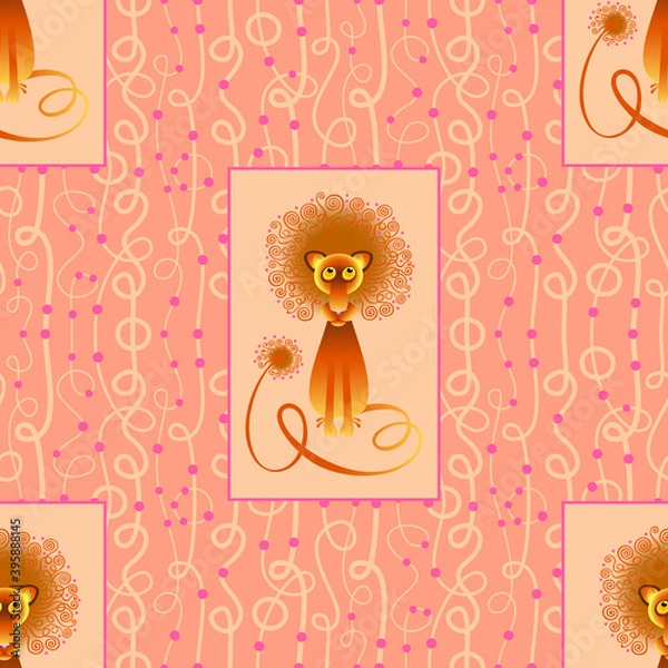 Fototapeta The stylized image of a lion. Humor. Seamless pattern
