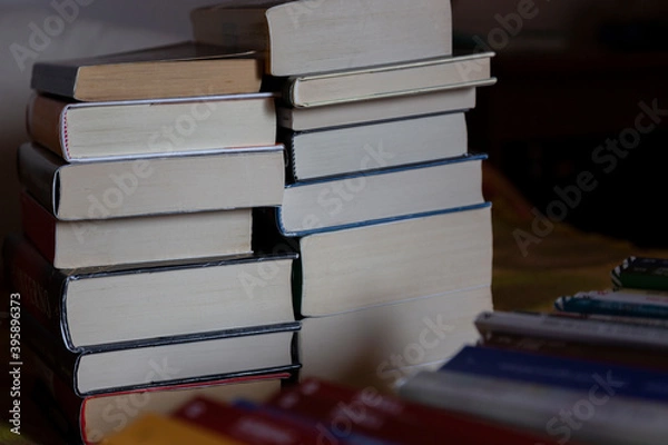 Fototapeta book stack close up, educational learning