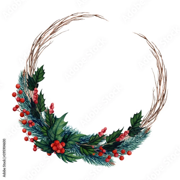 Fototapeta Wreath of Watercolor Tree Branches and Holly