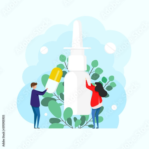 Obraz Nasal spray with eucalyptus branches. Using sprays to ease breathing during allergy and illness. concept of medicine and treatment of rhinitis and allergies. Otolaryngology concept. 