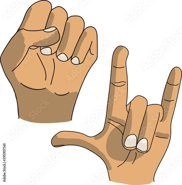 Fototapeta Hands showing fist and rock goat, primitives, children's drawing from art school