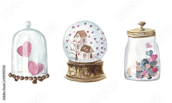Fototapeta Hand drawn Watercolor Valentine's day illustration set. Jar and snow globe with pink hearts isolated on white background. Design elements printing on postcards, stickers, tags, labels, textiles.