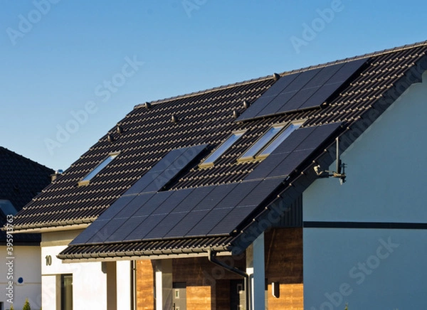 Obraz Modern solar panels on the roof of private house