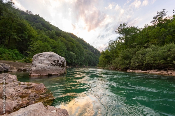 Obraz Montenegro. Tara River Canyon Mountains. Landscape. Crystal Clear Turquoise Blue Water. sunset time