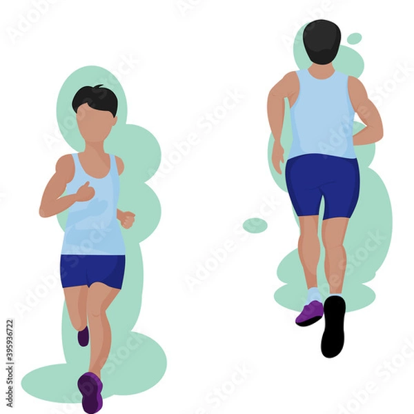 Fototapeta Vector isolate flat design of cartoon font view and back side of young sport  man wearing blue sportswear is jogging, running on white background. Idea concept for healthy,  exercise , outbreak .