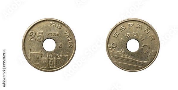 Fototapeta Old spanish 25 pesetas coin from 1993 with the facade of the Oñate University and a hole in the center.