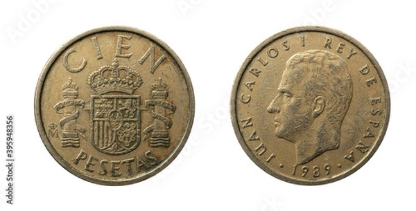 Fototapeta  Cien pesetas coin of Spain of the year 1989 obverse and reverse with the portrait of Juan Carlos I King of Spain.