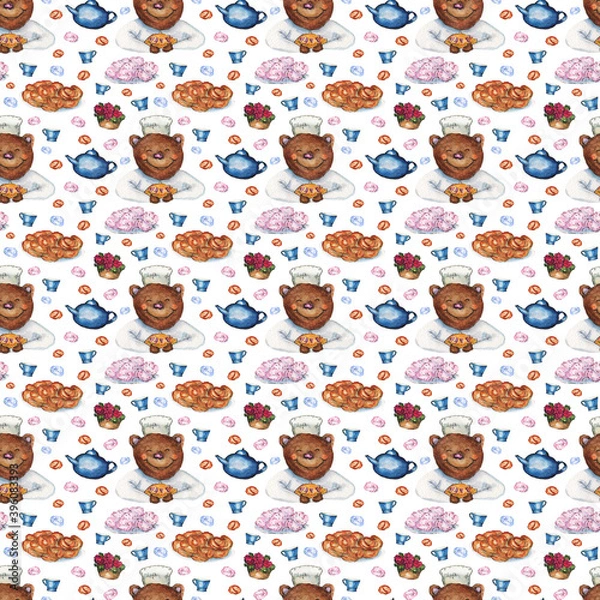 Obraz Seamless pattern with watercolor bear and sweets