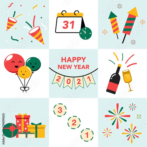 Obraz Set of new year party doodle elements. Happy new year party card invitation. Champagne, calendar, balloon, gift, fireworks, countdown, confetti.