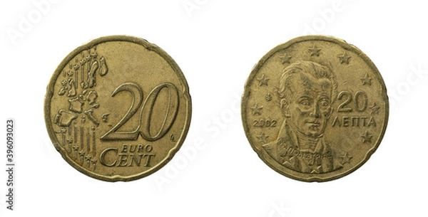 Obraz 20 cents Euro coin from Greece with the portrait of Georges Stamatopoulos, obverse and reverse, year 2002.