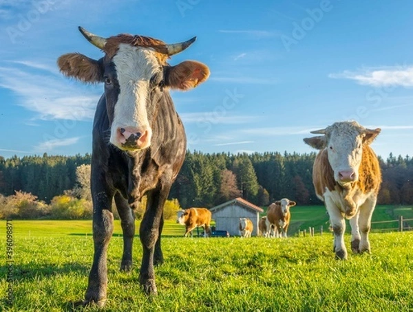 Fototapeta Calves and cows on the rural field