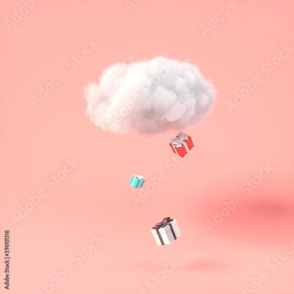 Fototapeta Cloud with gift box rain on pastel pink background. Creative idea. Gift boxes falling from cloud Minimal concept. 3d rendering